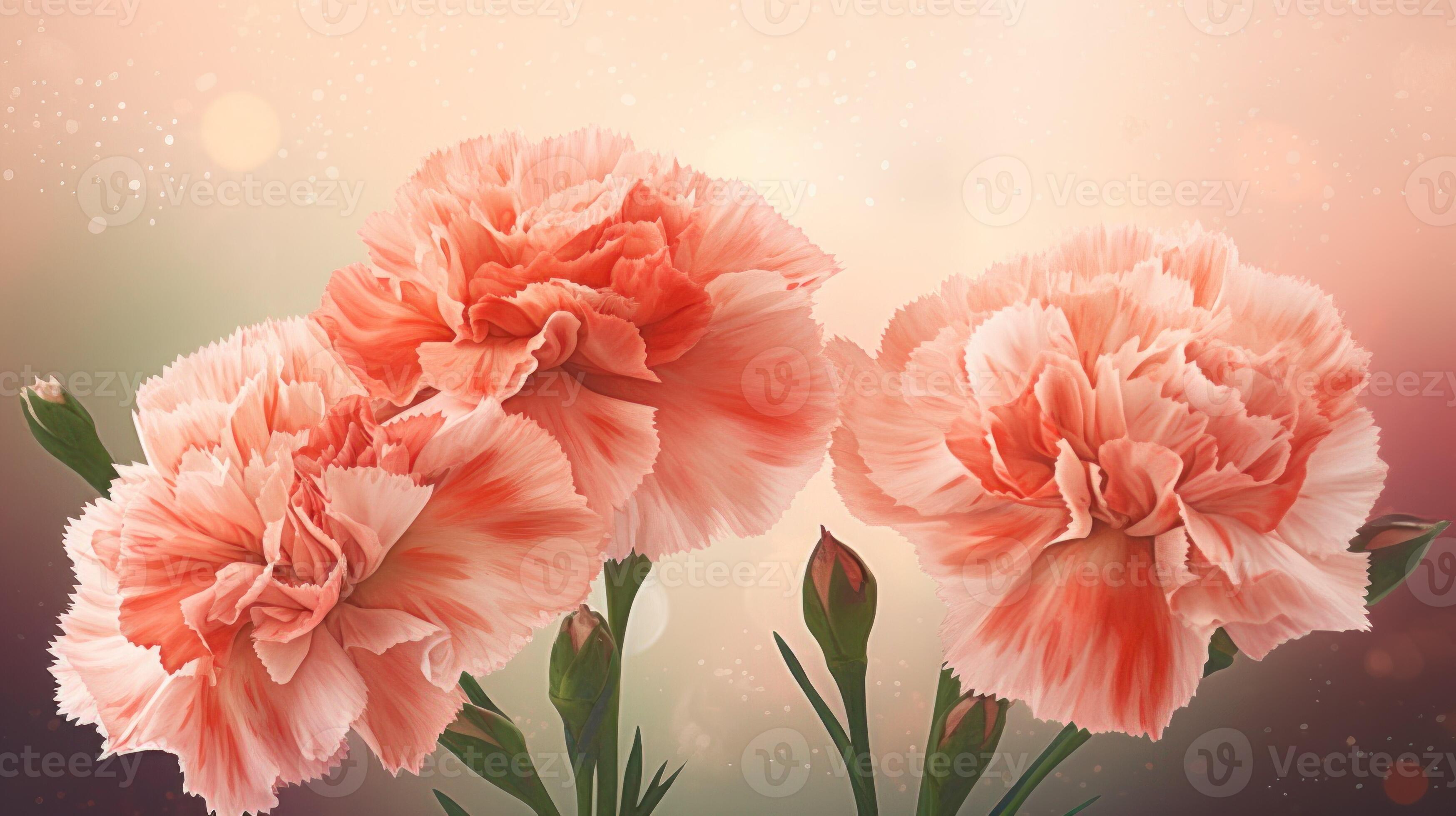 Pink carnations and buds on a sparkling champagne background