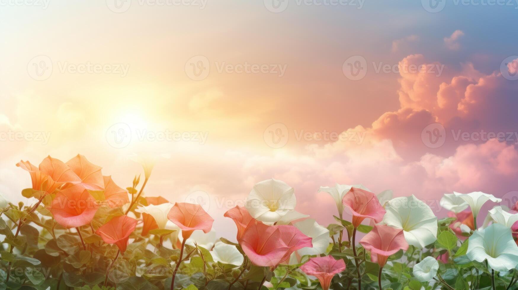 Golden hour sky with white and pink morning glories and pink clouds. . photo