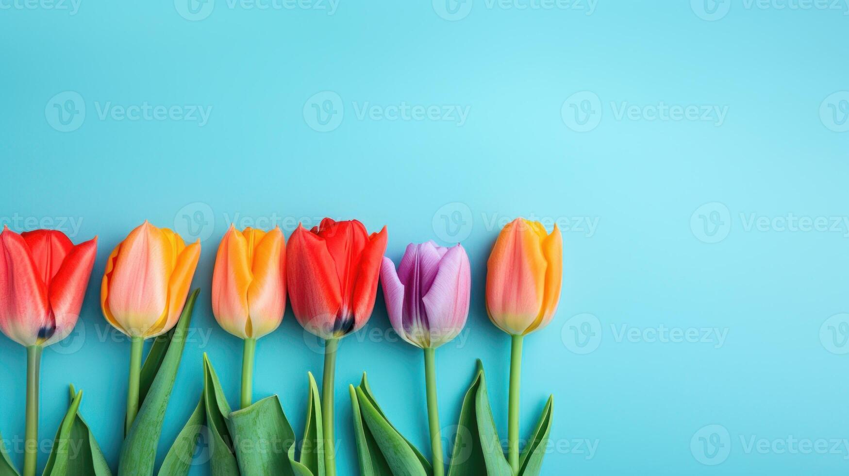 Multicolored tulips on light blue background with copy space. . photo