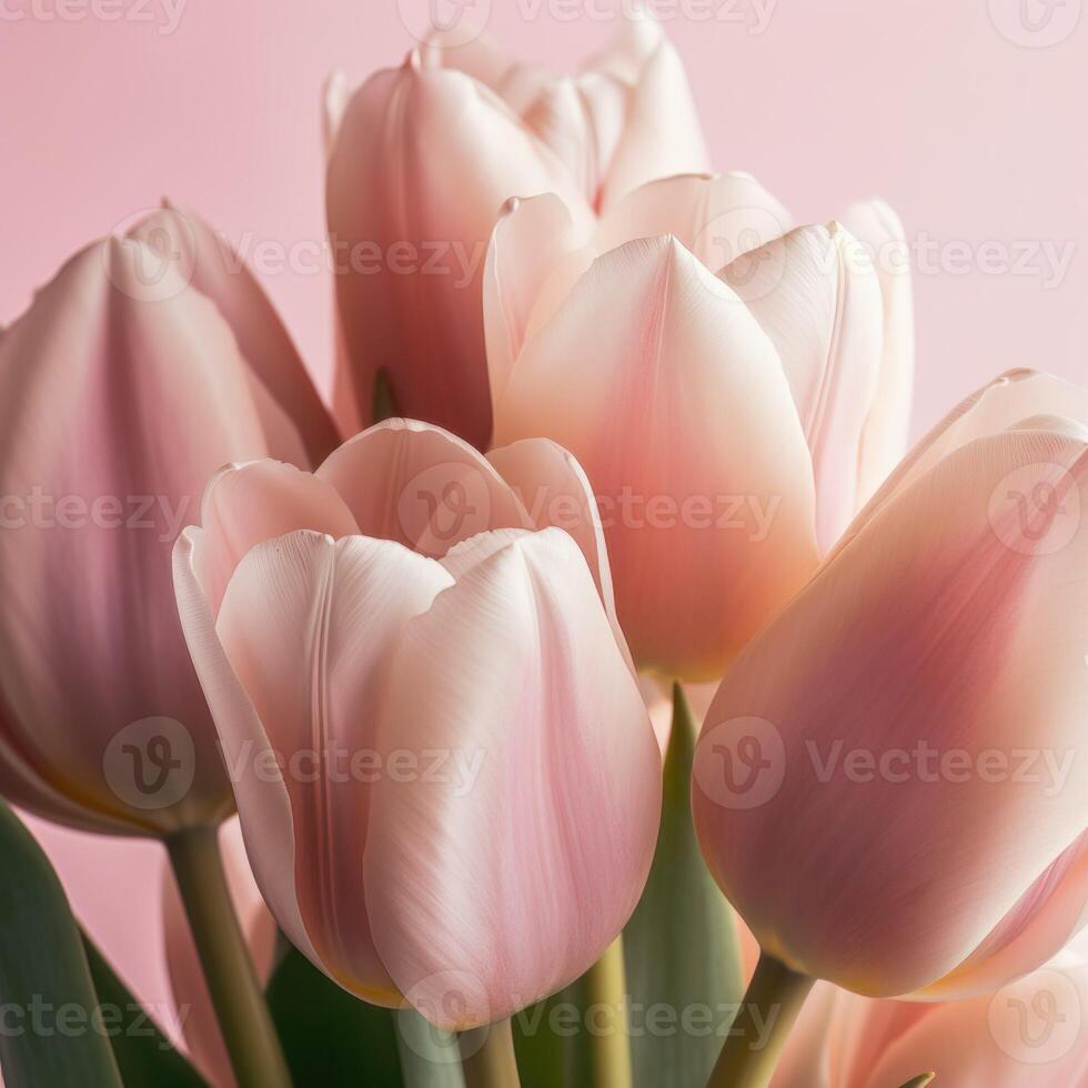 Close up of a bouquet of pink tulips against a solid pink background. . photo
