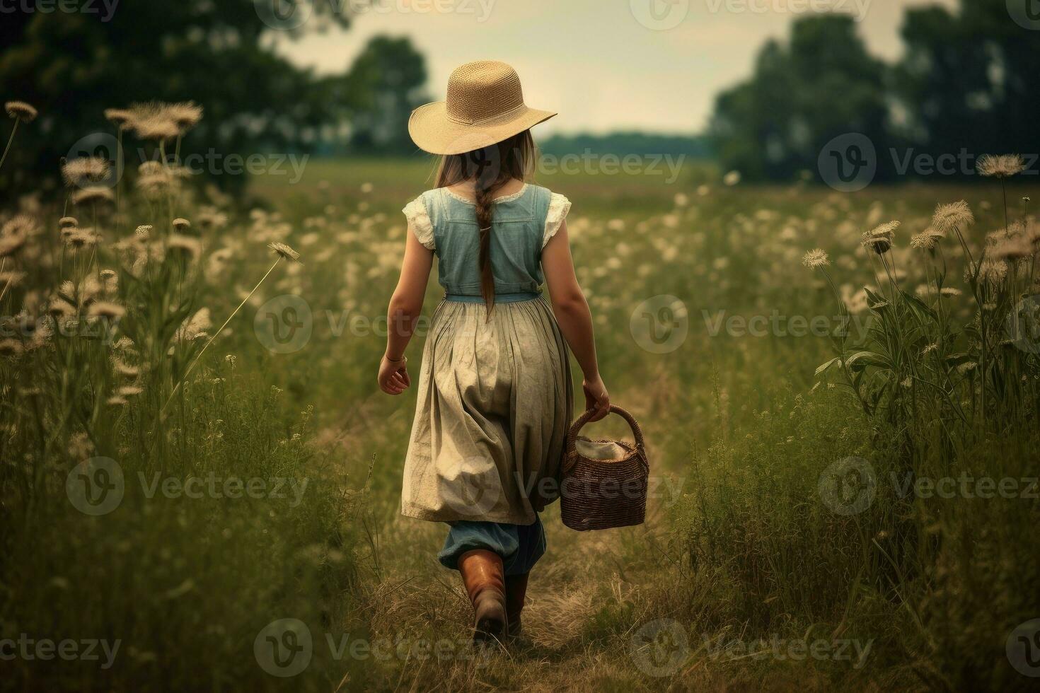 American girl farmer walk on flowers field. Generate Ai photo
