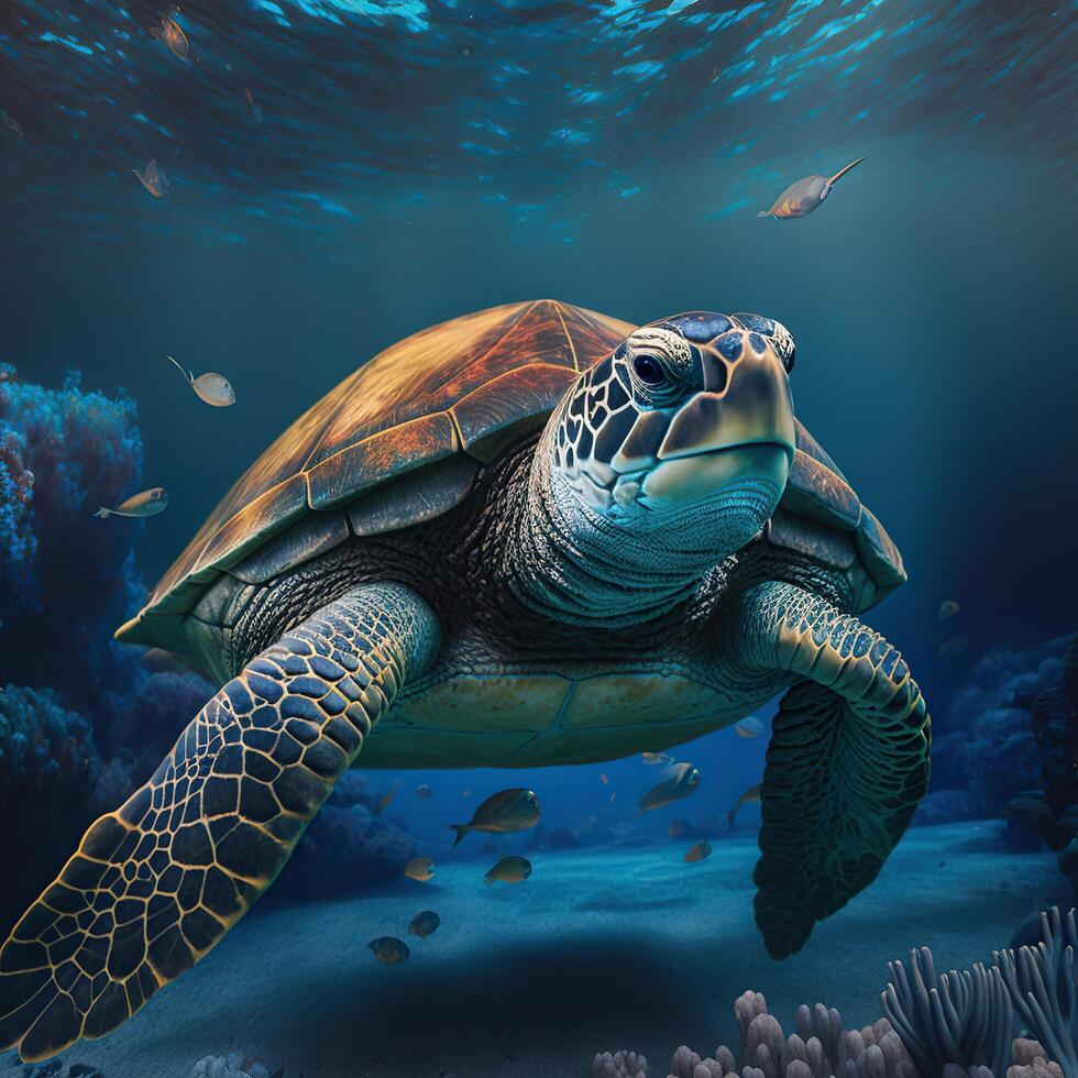 Turtle under blue sea water photo