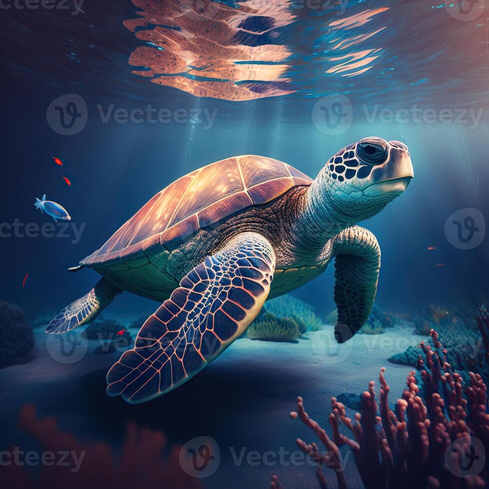 Beautiful turtle under blue sea water photo