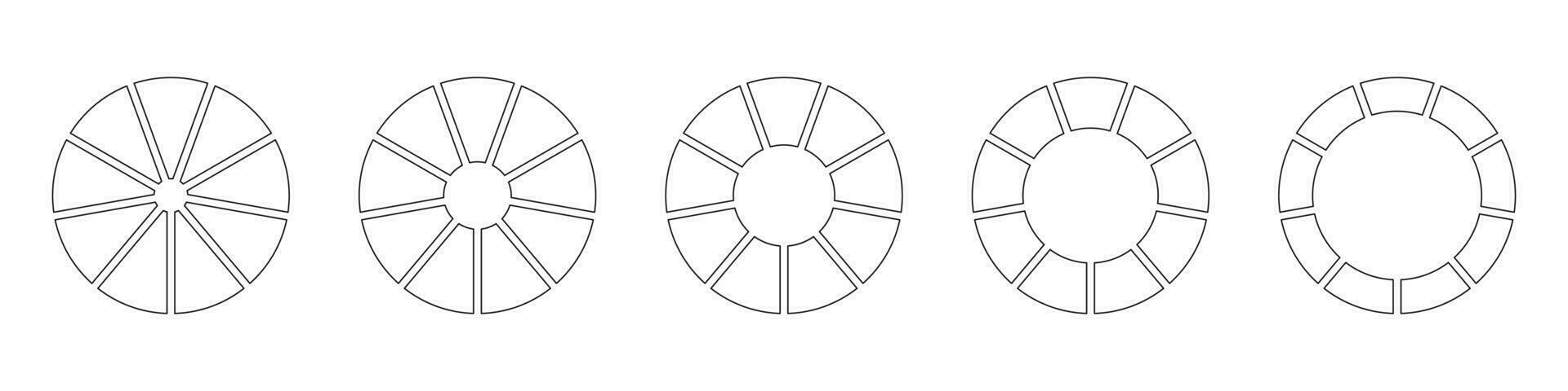 ruedas redondo dividido en nueve secciones. contorno rosquilla cartas o pasteles segmentario en 9 9 igual partes. diagramas infografía colocar. circulo sección grafico línea Arte. tarta gráfico iconos geométrico vector elementos.