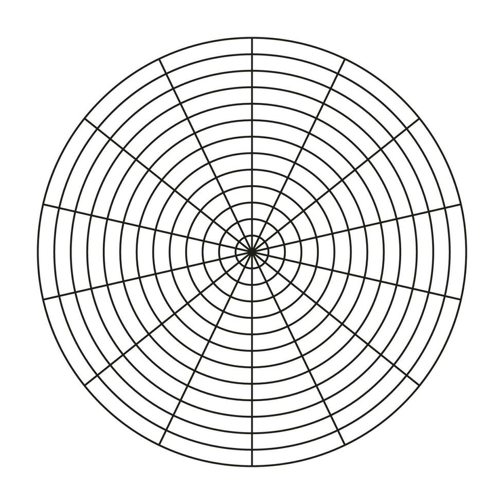 Wheel of life template. Polar grid of 14 segments and 12 concentric circles. Circle diagram of lifestyle balance. Coaching tool. Blank polar graph paper. Vector illustration.