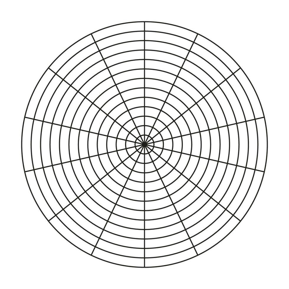 Wheel of life template. Polar grid of 14 segments and 12 concentric circles. Circle diagram of lifestyle balance. Coaching tool. Blank polar graph paper. Vector illustration.