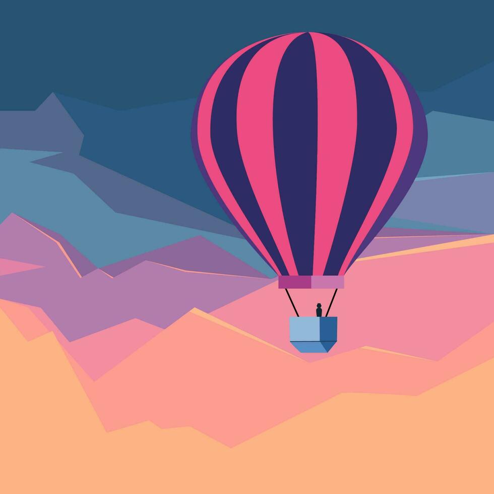 Hot air balloon in the sky. Landscape with mountains, vector illustration