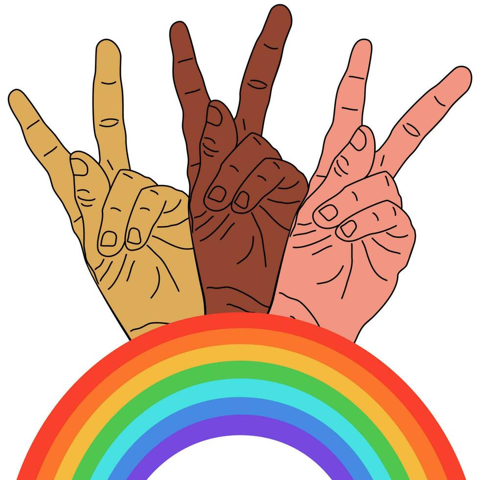 Hands with peace sign over rainbow background vector