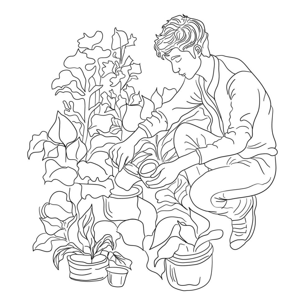 Gardening coloring page in doodle technique. Person with plants. vector