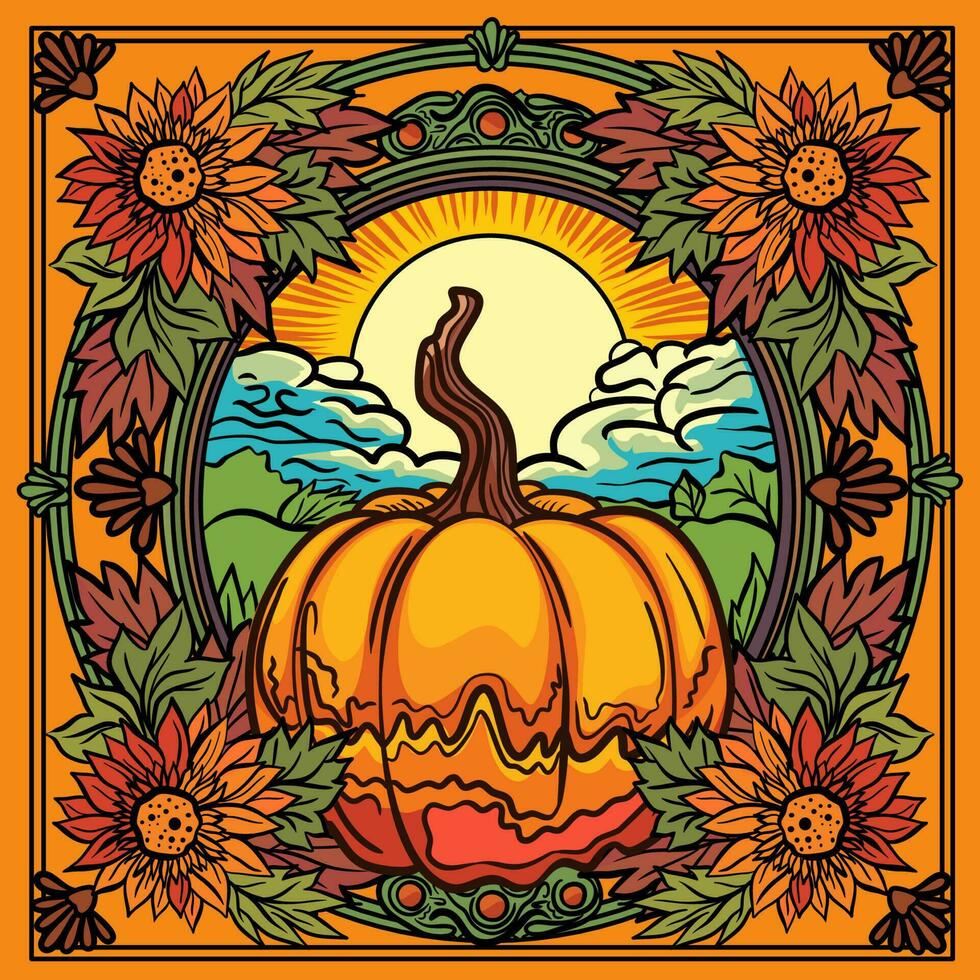 Pumpkin with landscape and sun on the sky coloring page vector