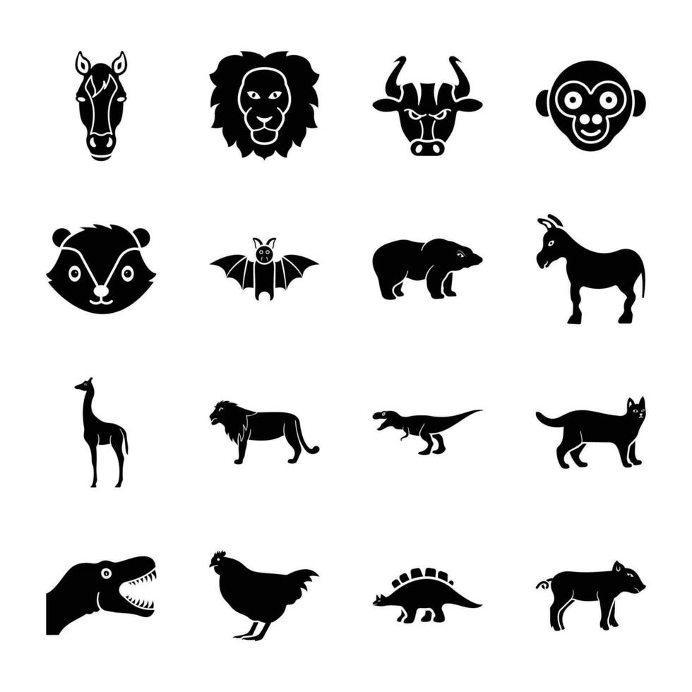 animales sólido íconos paquete vector