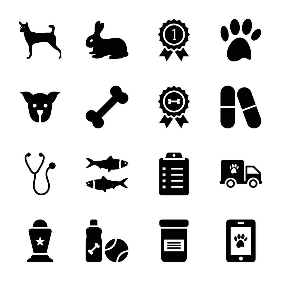 mascotas suministros y mascota accesorios glifo íconos vector