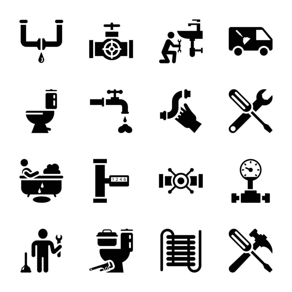 Set of Plumbing Glyph Vector Icons