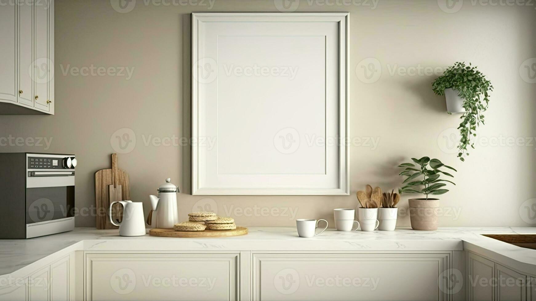 3D Composition of Functional Minimalist Kitchen Interior With Plant Pots And Blank Frame Mockup. photo