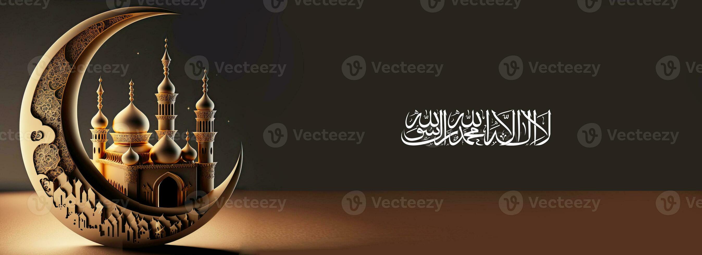 Arabic Islamic Calligraphy of Wishes There is no one Worthy of Worship except Allah and Muhammad With Origami Paper Crescent Moon And Exquisite Mosque. 3D Render. photo