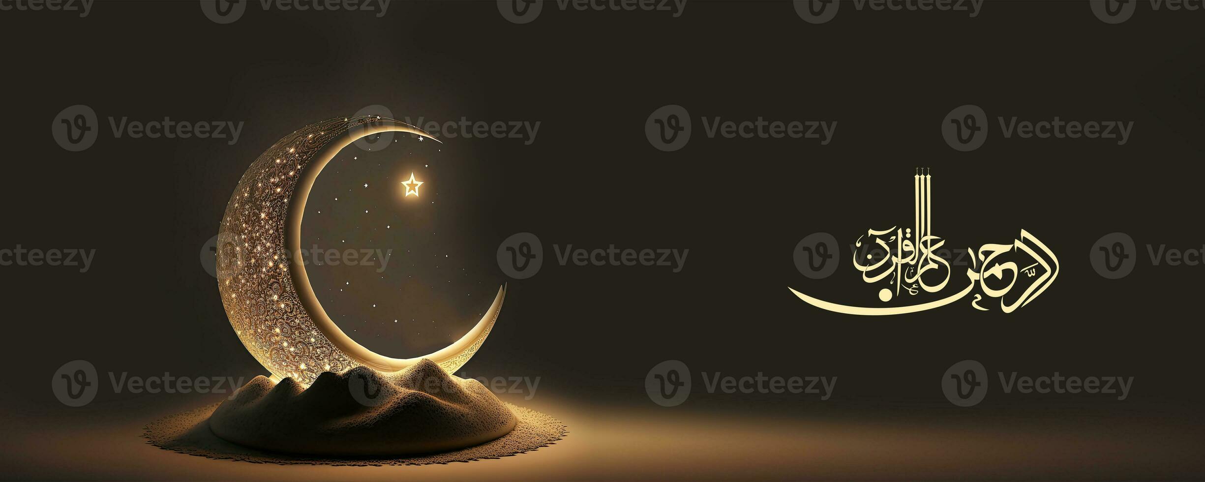 Arabic Islamic Calligraphy of Wish The Most Gracious, He taught The Quran With Shiny Exquisite Crescent Moon And Hanging Star On Sand Dune. 3D Render. photo