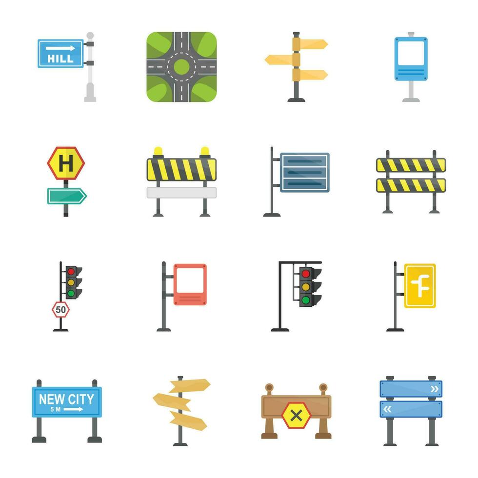 Road Signs and Junctions Flat Vector Icons Set