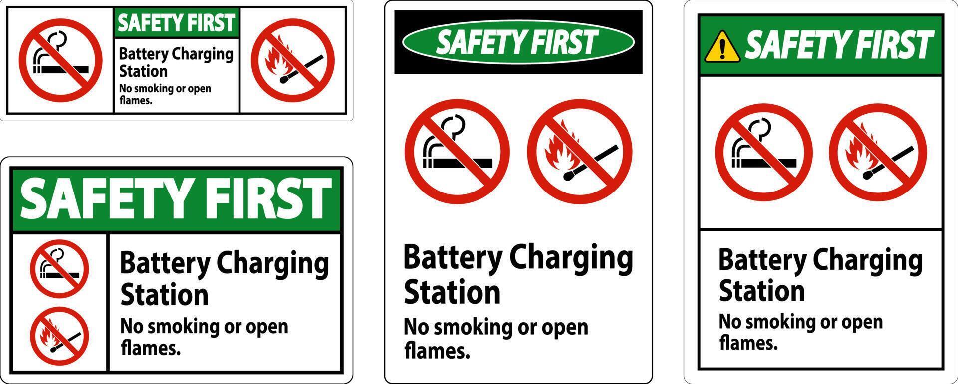 Safety First Sign Battery Charging Station, No Smoking Or Open Flames vector