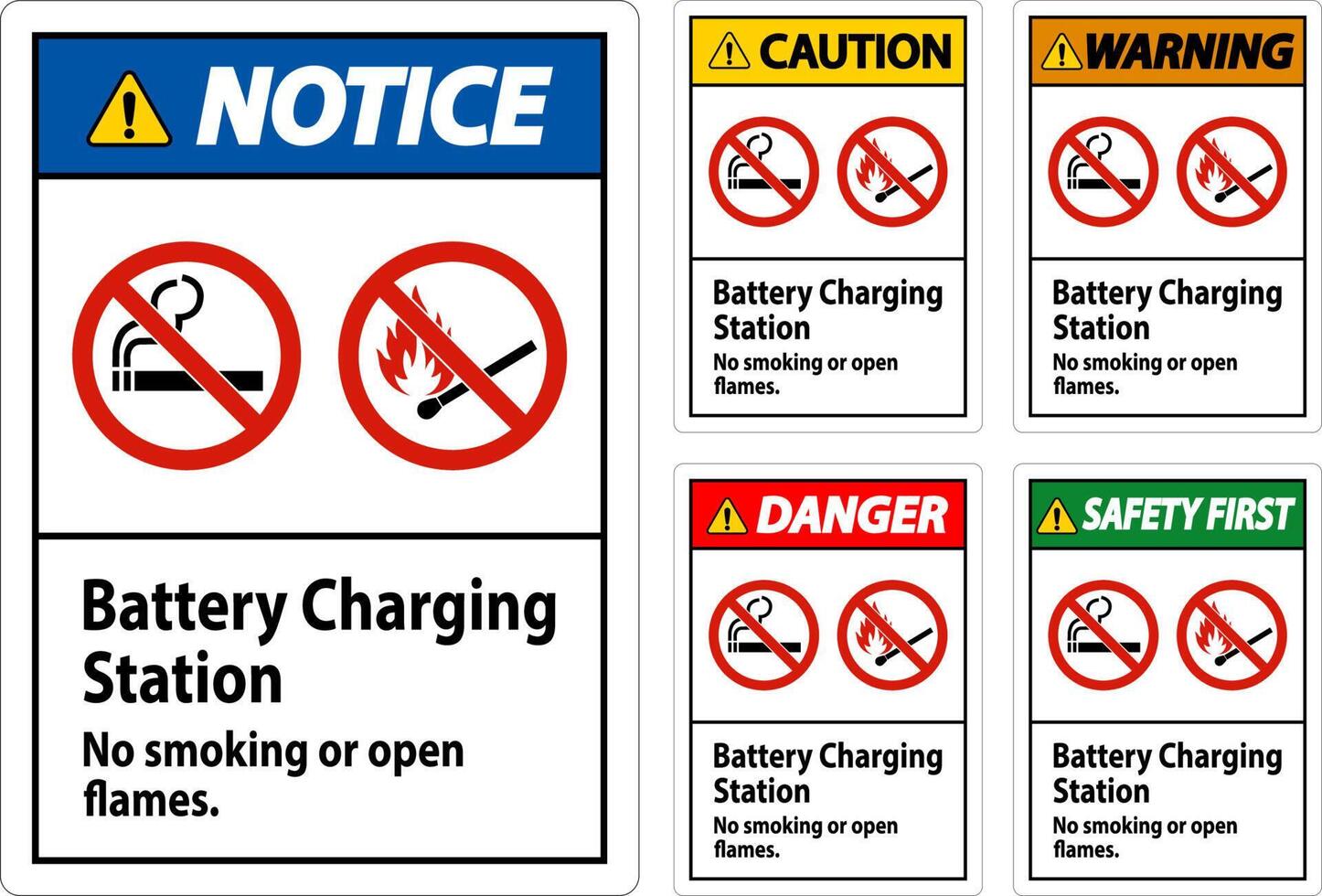 precaución firmar batería cargando estación, No de fumar o abierto llamas vector