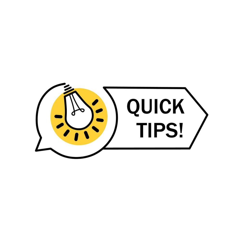 Quick tips advice with lightbulb icon. Quality design elements. concept of message or label like new knowledge and study practice. Flat style vector illustration isolated on white background.