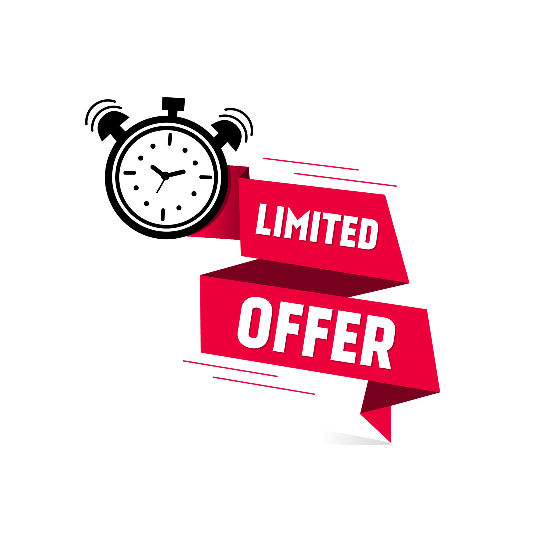 Limited offer icon with time countdown. Last minute limited offer with  clock for sale promo, logo or banner or red background. Label countdown of  time for offer sale or exclusive deal design.