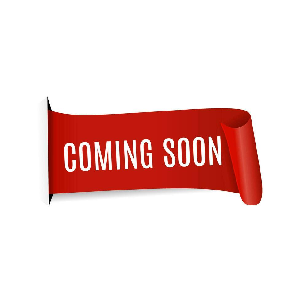 Coming soon banner, red ribbon design on white background, Vector. vector