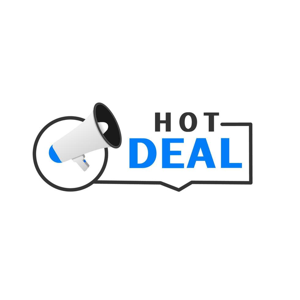 Hot deal banner. Special offer sign. Badge with megaphone icon. Flat vector illustration.