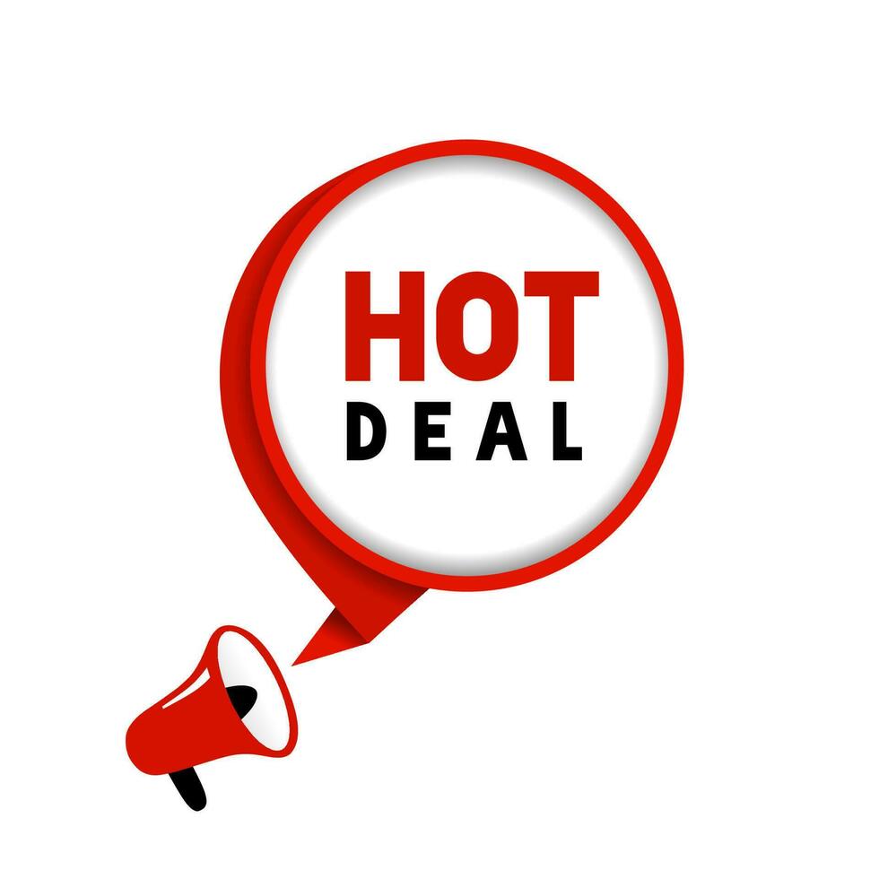 Hot deal banner design. Speech bubble with megaphone icon. Flat vector illustration white background.