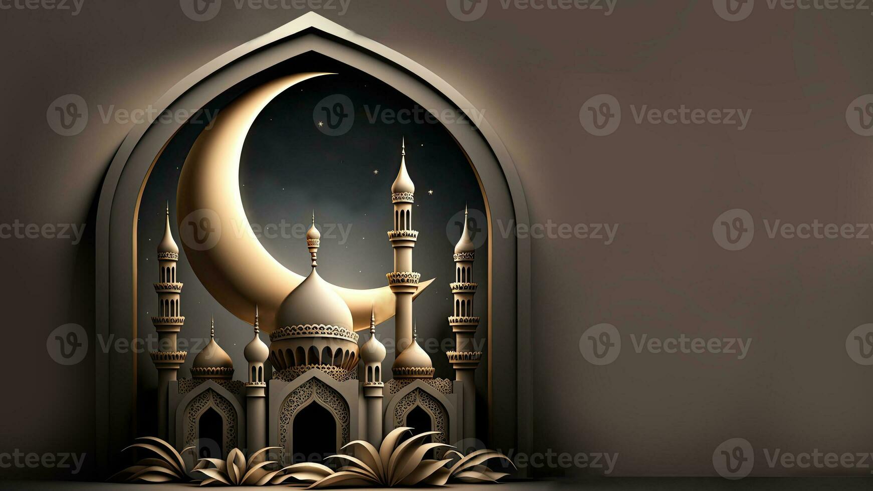 3D Render Of Exquisite Mosque With Crescent Moon In Window Arch. Islamic Religious Concept. photo