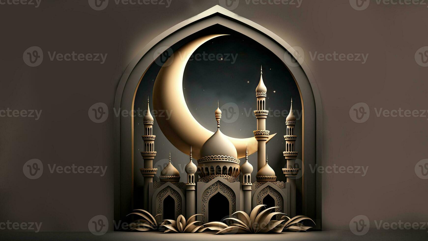 3D Render Of Exquisite Mosque With Crescent Moon In Window Arch. Islamic Religious Concept. photo