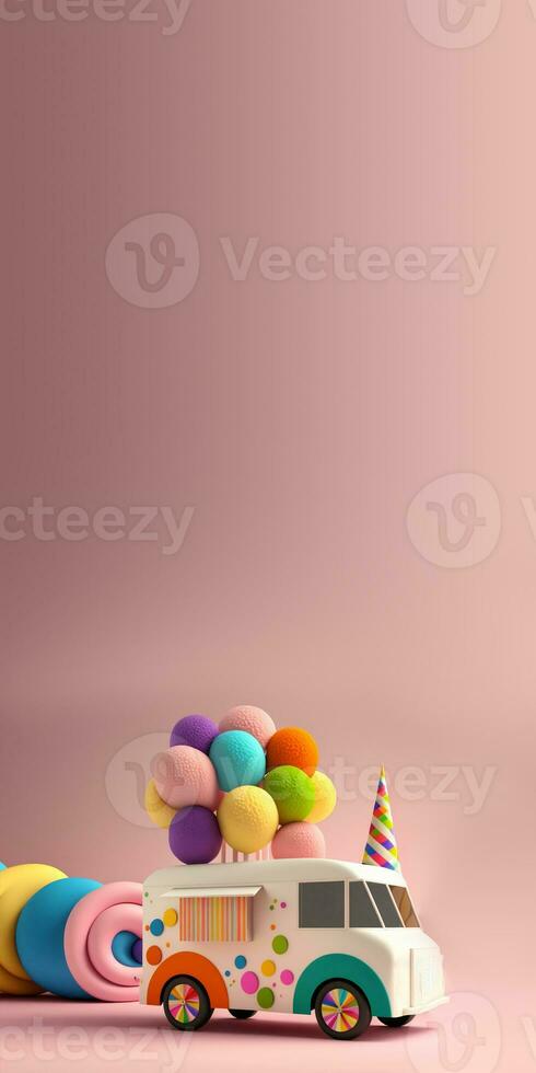 3D Render, Fantasy Colorful Food Truck of Candyland On Pink Background And Copy Space. photo