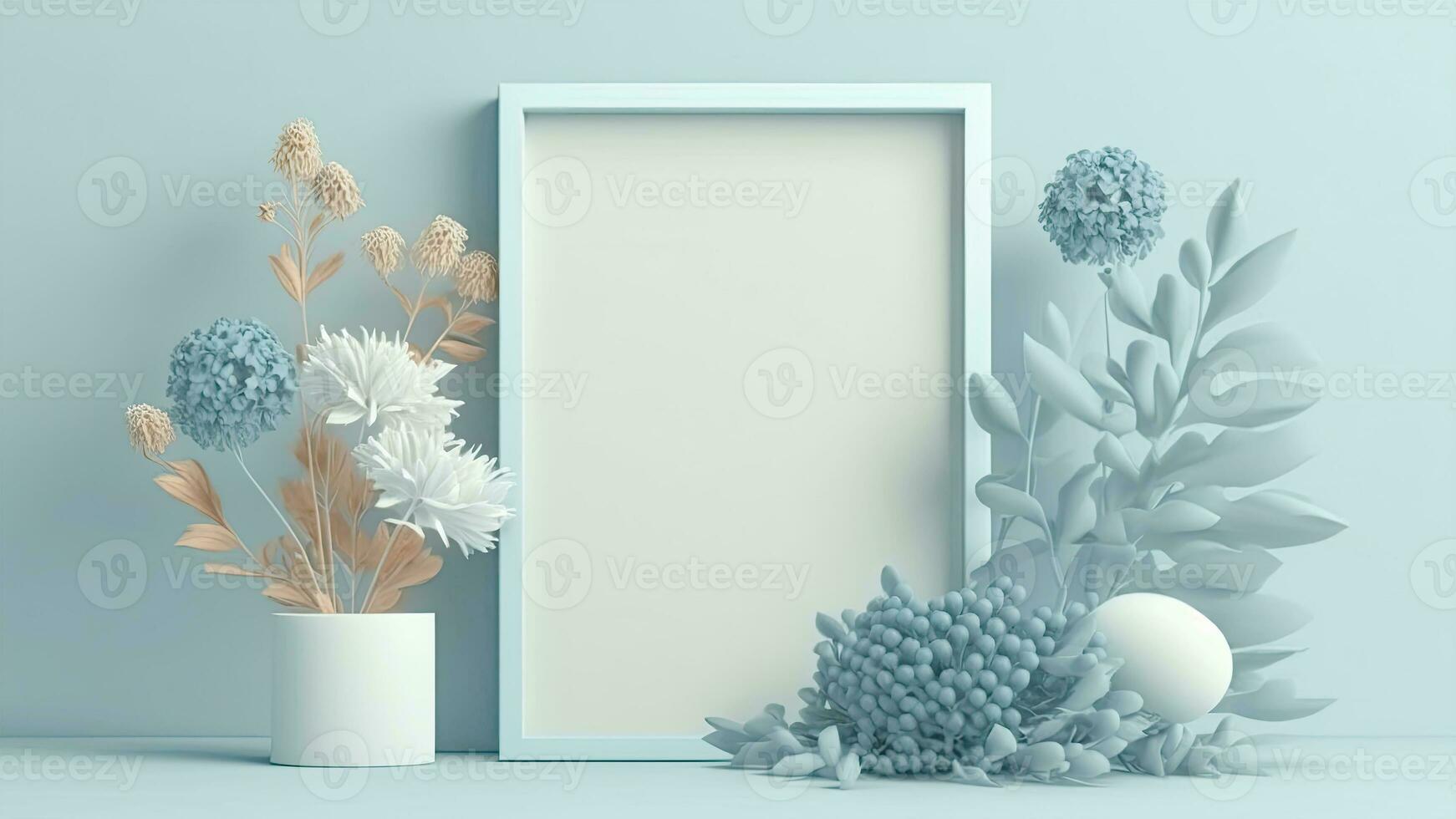 3d hacer de vacío foto marco y flor planta ollas, bayas en pastel azul antecedentes.