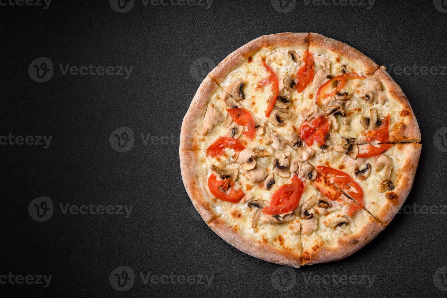 Delicious pizza with chicken, tomatoes and cheese with salt and sauce photo