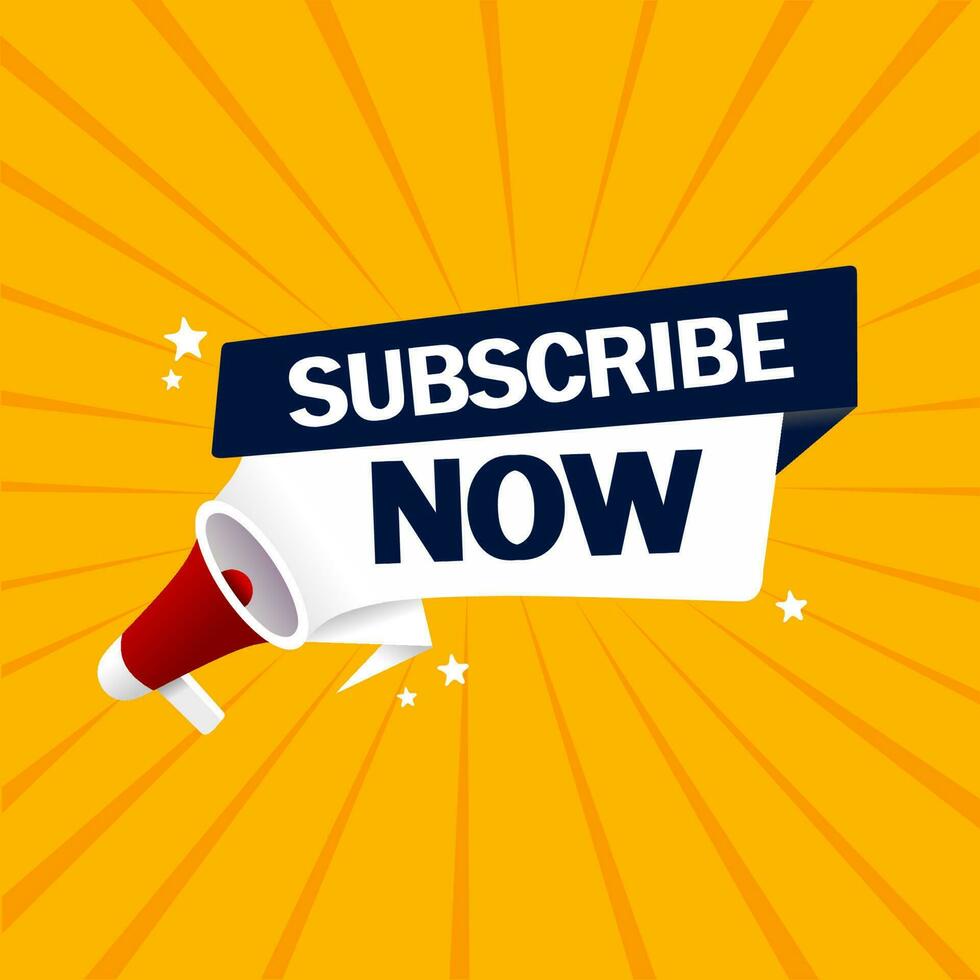 Subscribe Now - Banner, ribbon, megaphone label. Subscription service social media design. Flat vector icon.