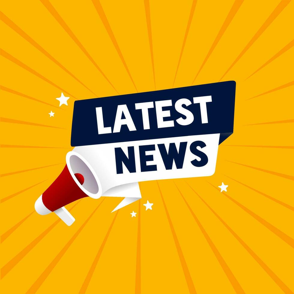 Latest news banner megaphone label design. Flat style vector illustration on white background.