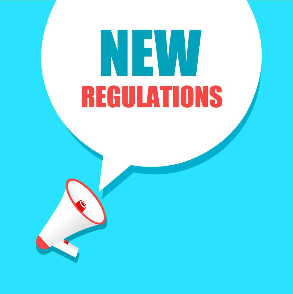 New regulations banner. Speech bubble with megaphone icon. Flat vector design.