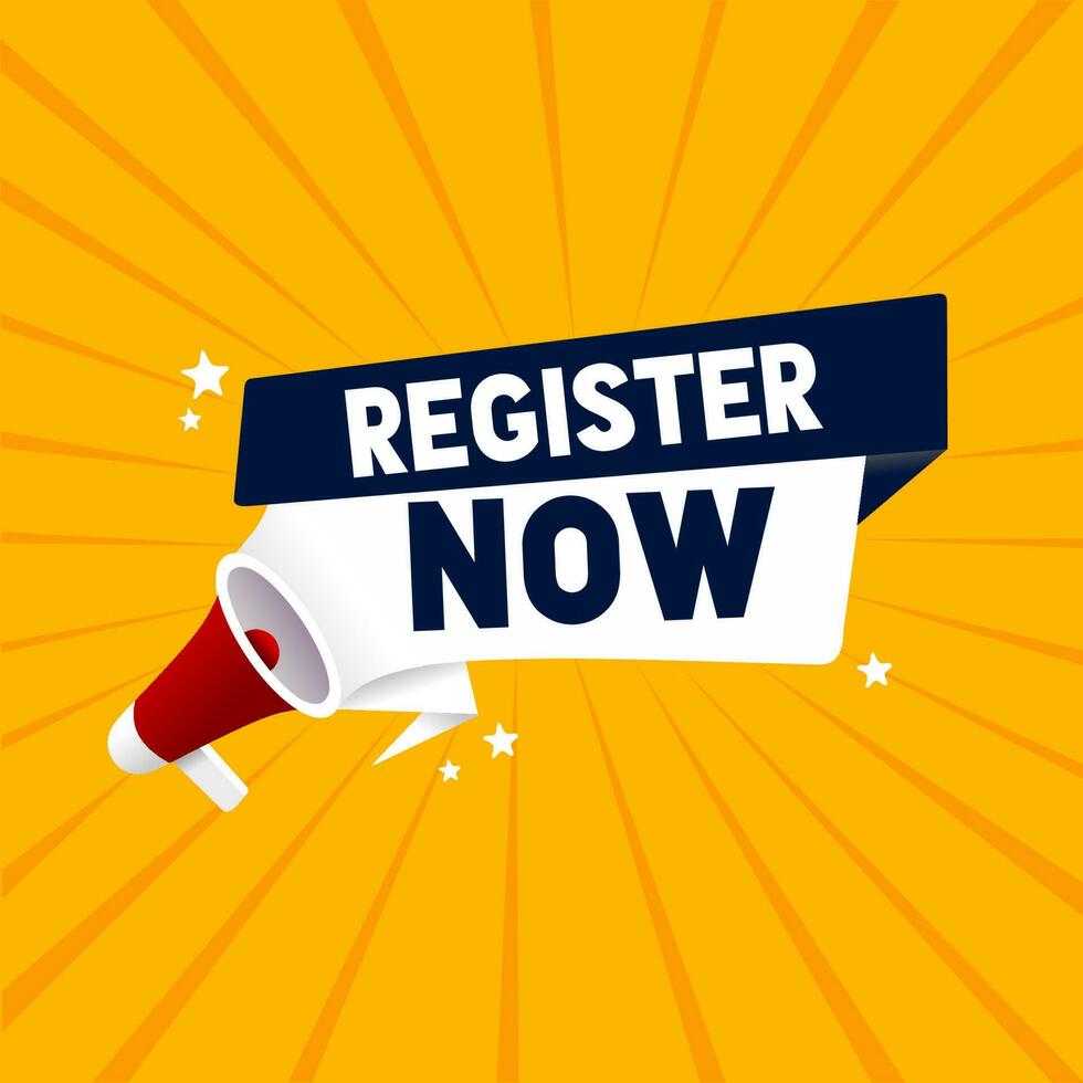 Register now banner vector illustration. Megaphone label, registration in services, blogs, websites. Flat style design.