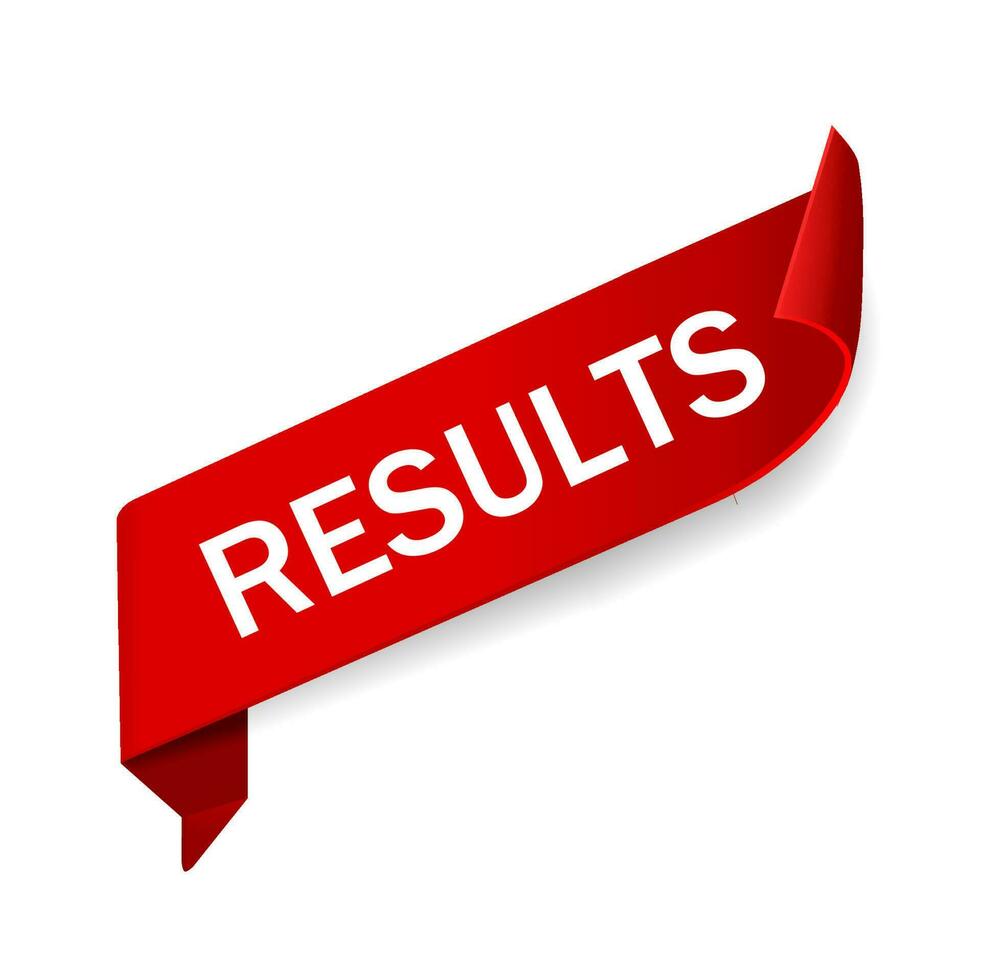 Results text on ribbon banner design. Flat style vector icon.