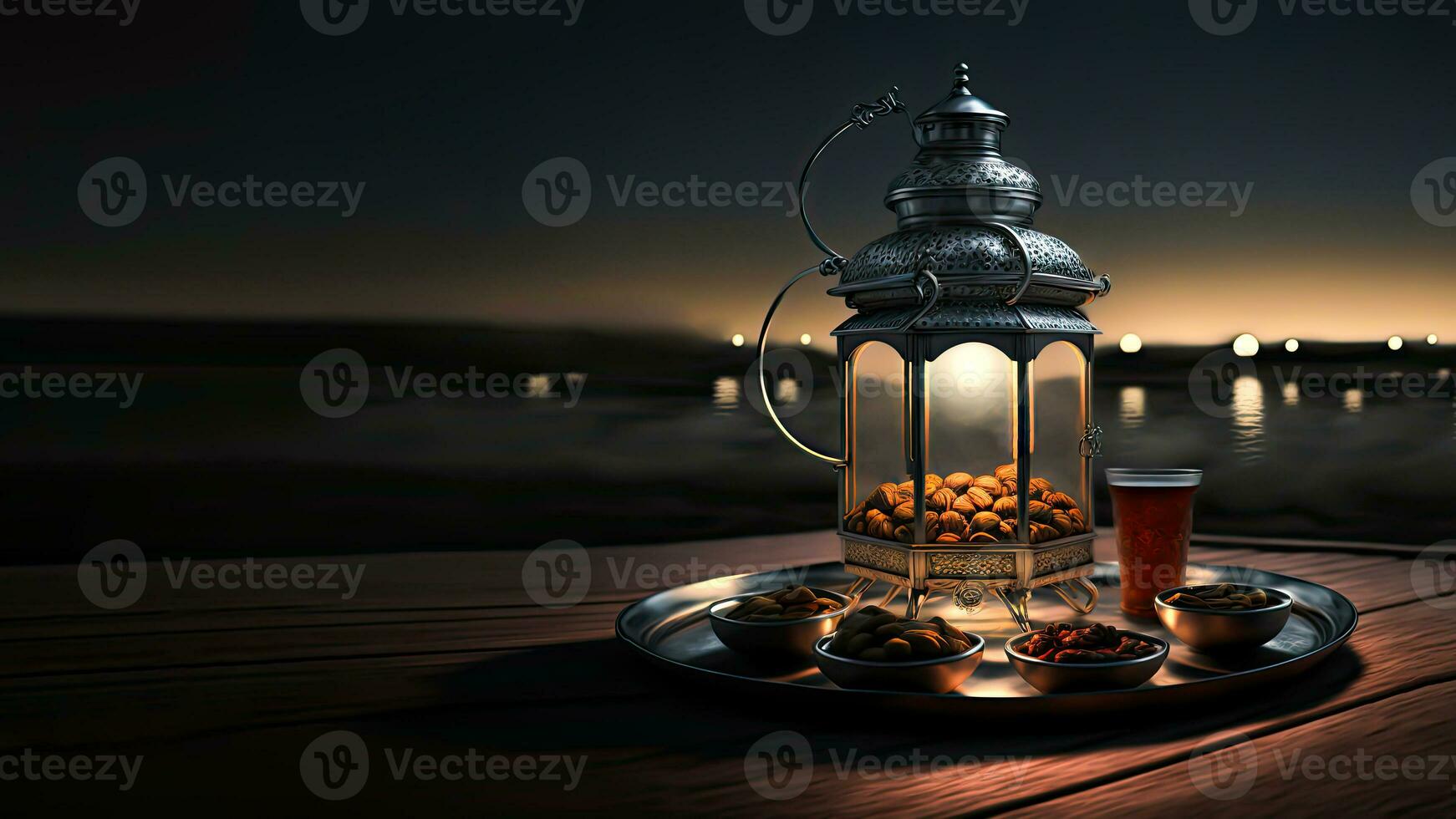3d hacer de Arábica fechas maceta y seco Fruta cuenco en bandeja en noche tiempo. islámico religioso concepto. foto