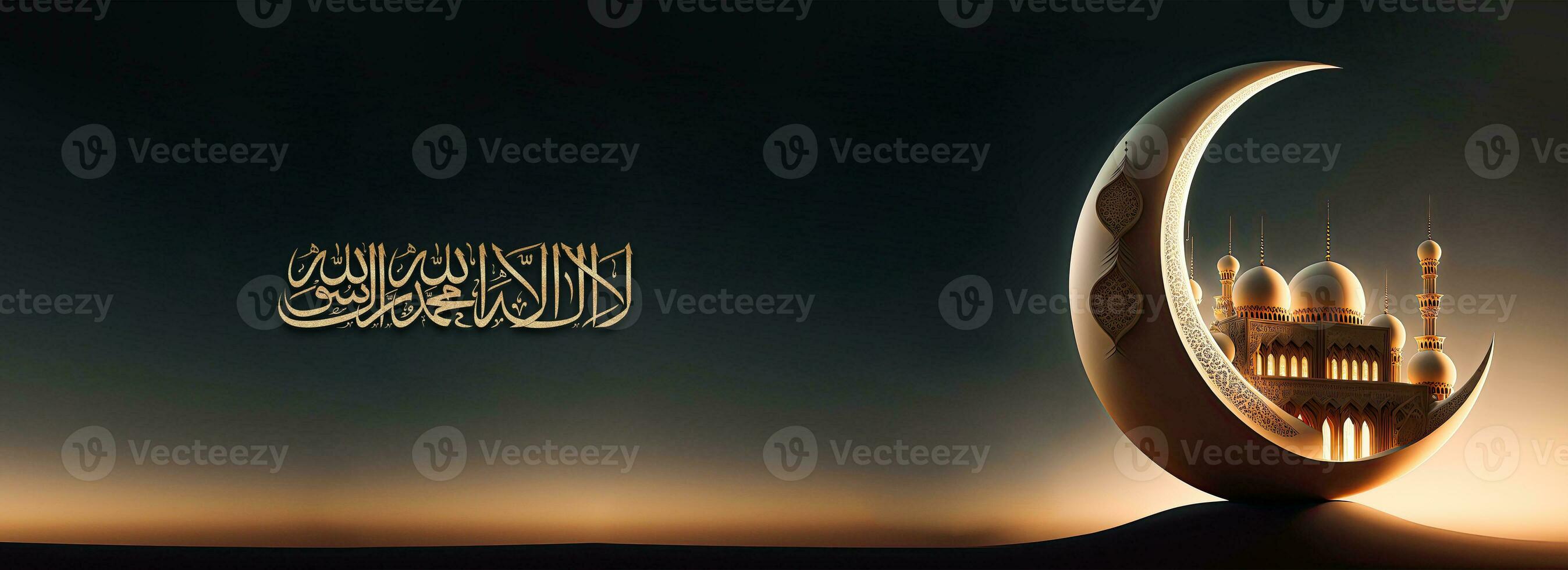 Golden Glittery Arabic Islamic Calligraphy of Wish There is no one Worthy of Worship except Allah and Muhammad, 3D Render of Crescent Moon With Beautiful Mosque On Evening Background. photo