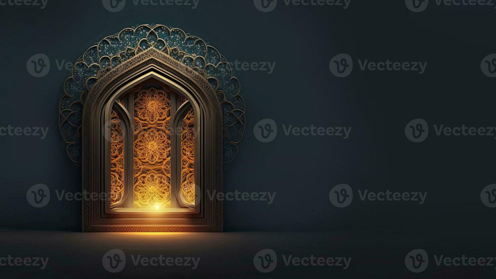 3D Render of Shiny Arabic Door or Window Arch And Copy Space. Islamic Religious Concept. photo