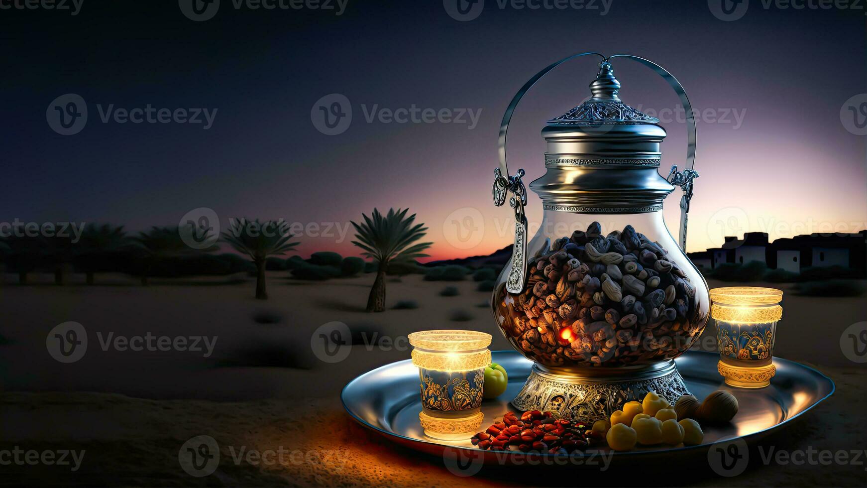 3D Render of Arabic Pot With Lit Lanterns, Dry Fruits On Tray Copy Space. Islamic Religious Concept. photo