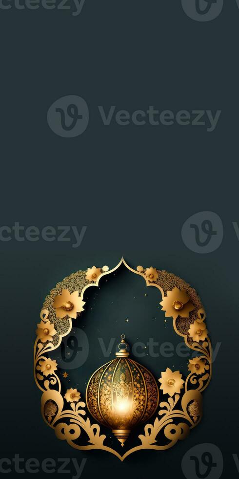 3D Render Of Arabic Lantern Hang And Golden Islamic Frame With Copy Space. Islamic Religious Concept. photo