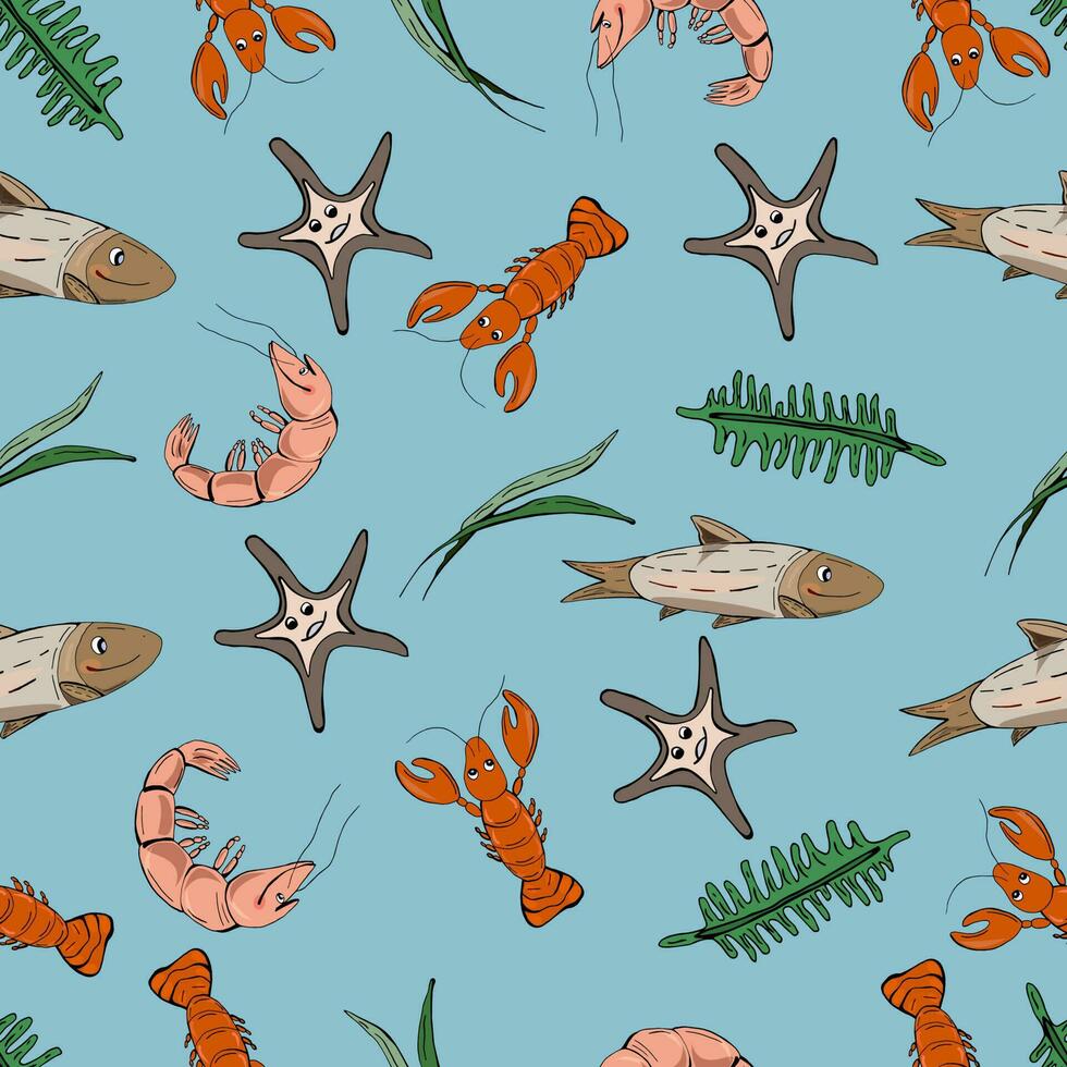 Funny lobsters. Cartoon fishes. Sealife pattern. vector