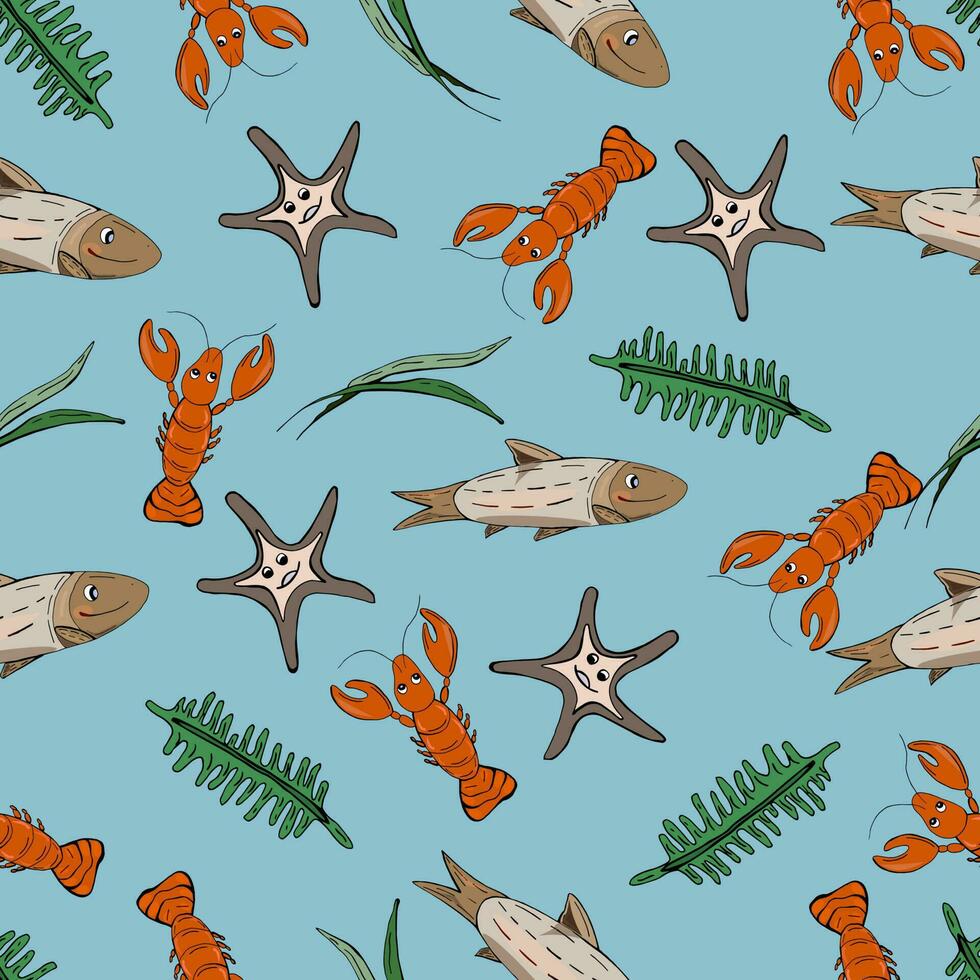 Funny lobsters. Cartoon fishes. Sealife pattern. vector