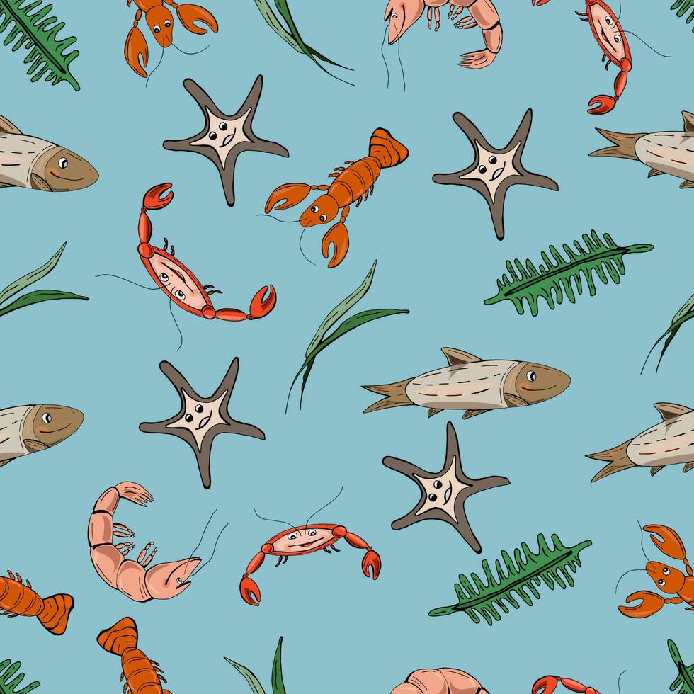 Funny lobsters. Cartoon fishes. Sealife pattern. vector