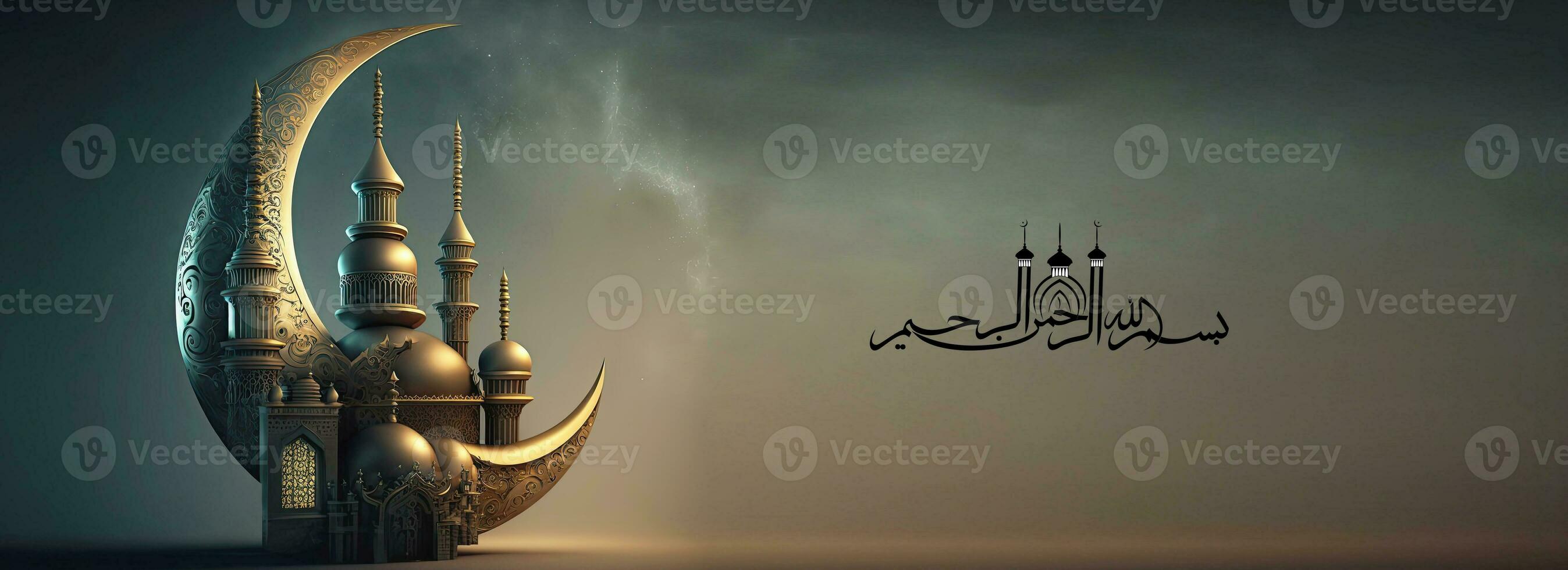 Arabic Islamic Calligraphy of Wishes in the name of Allah, most gracious, most merciful With 3D Render of Golden Exquisite Crescent Moon And Mosque Arched. photo