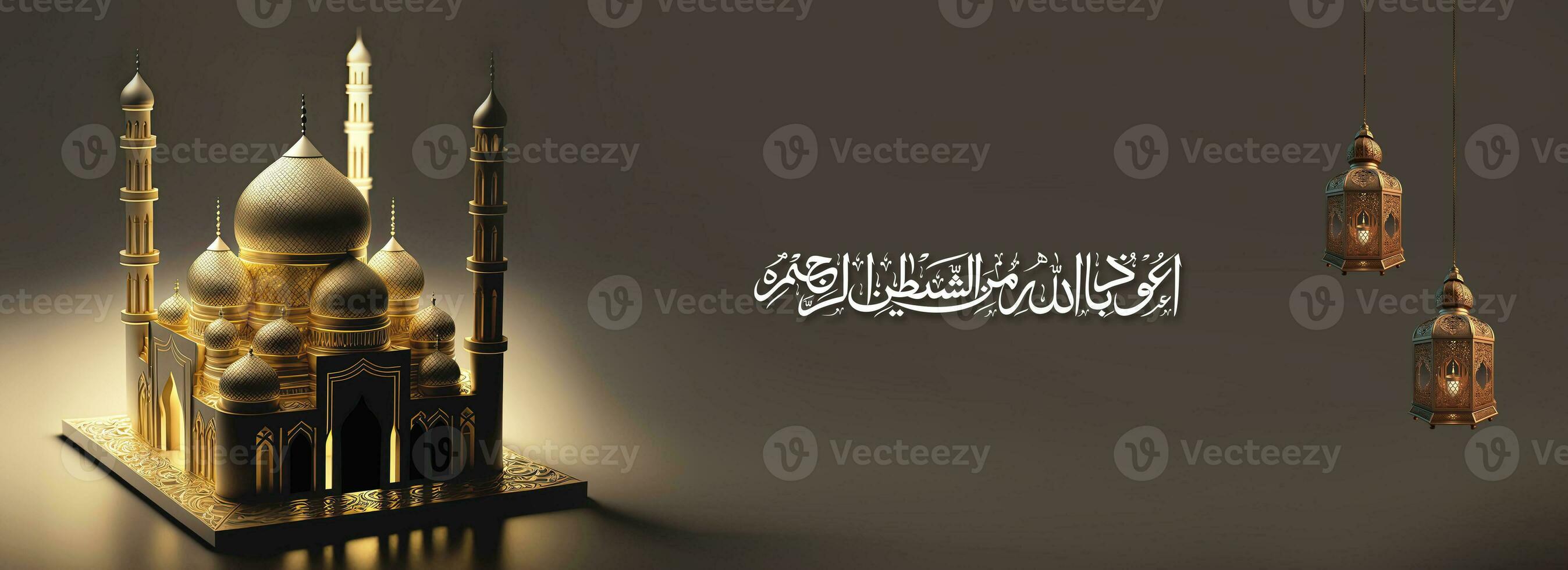 Arabic Islamic Calligraphy of Wish Fear of Allah brings Intelligence, Honesty and Love And 3D Render, Golden Exquisite Mosque. Banner or Header Design. photo