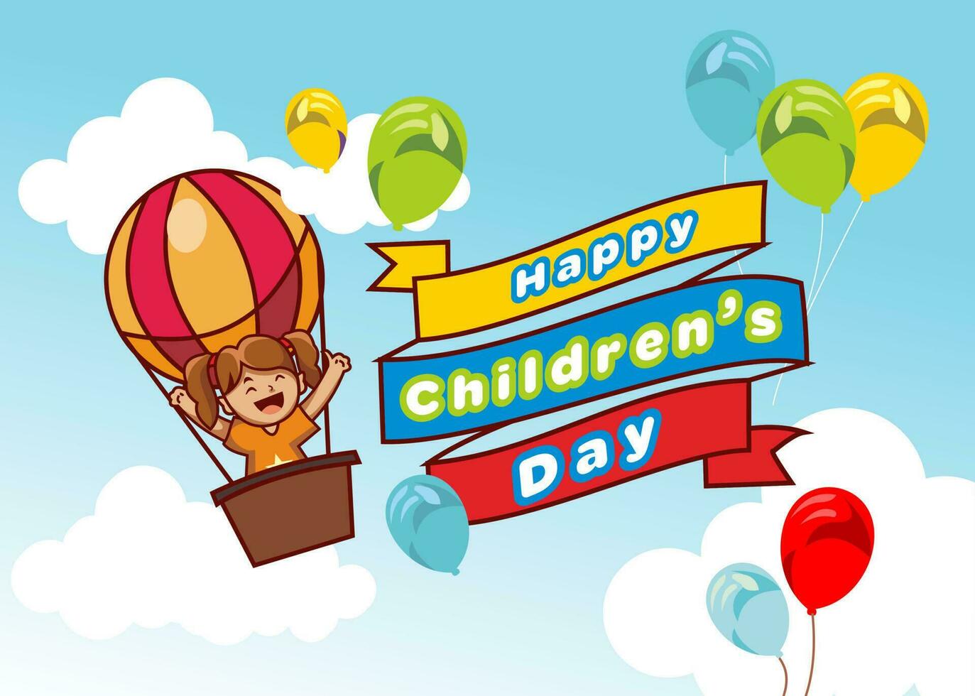 mundo para niños día póster, para niños día bandera, pequeño chico personaje, dibujos animados niña montando un caliente aire globo, dibujos animados antecedentes vector