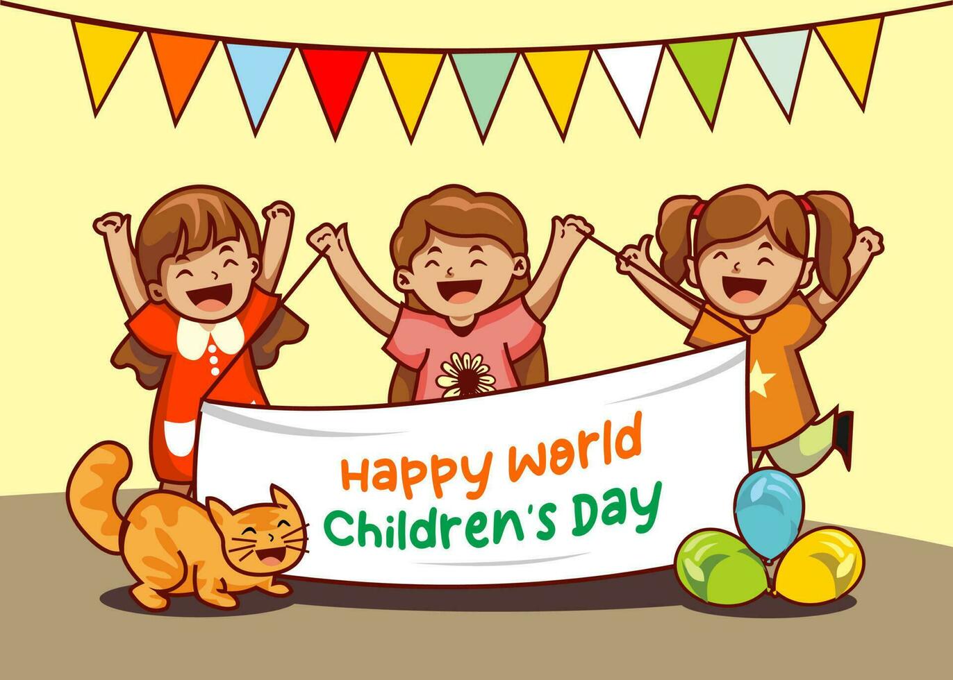 world children's day poster, children's day banner, little boy character, cartoon 3 girls celebrating children's day on stage spreading the cloth for world children's day, cartoon background vector